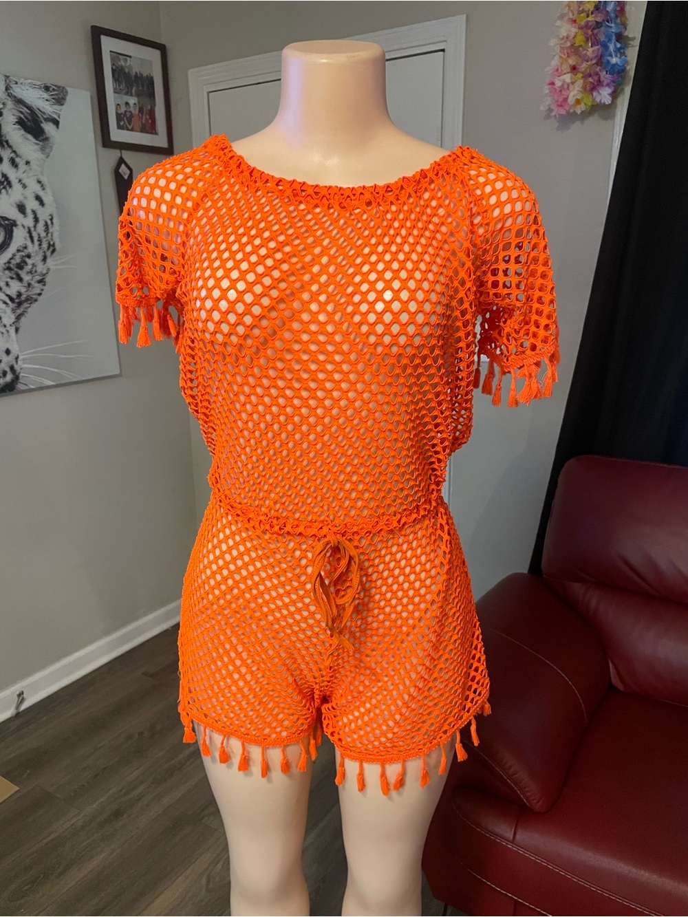 Bright Orange Crochet Two-Piece Beach Set swim suit coverup romper Jordan medium